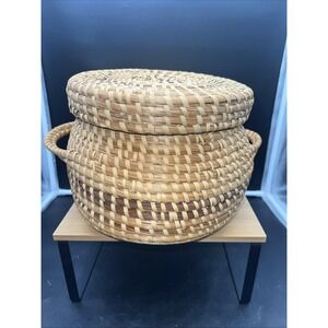 Wicker Rattan Hand Woven Basket W-Lid Double Handles Boho Style 7.5" Tall